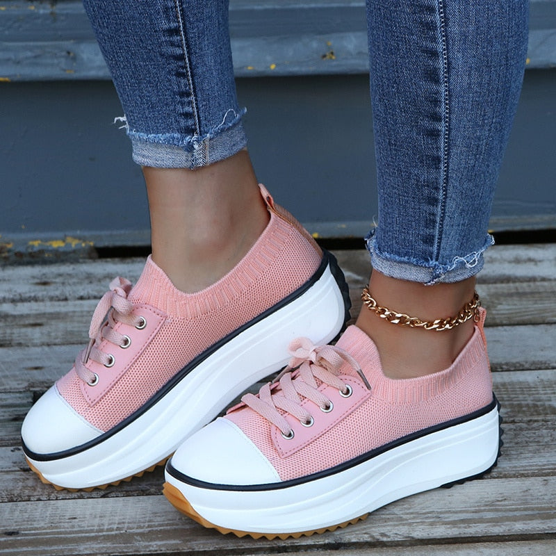 New Sneakers Stretch Fabric Ladies Lace Up Casual Shoes