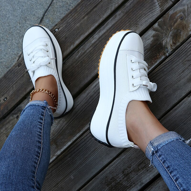 New Sneakers Stretch Fabric Ladies Lace Up Casual Shoes