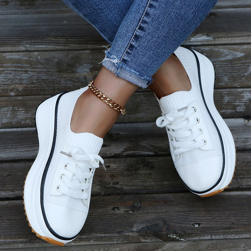 New Sneakers Stretch Fabric Ladies Lace Up Casual Shoes