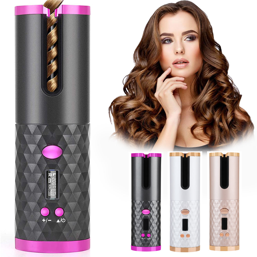 Hair Curler Women Portable, automatic rechargeable Hair Curling Iron LCD Display Ceramic Curly Rotating Curling Wave Styer